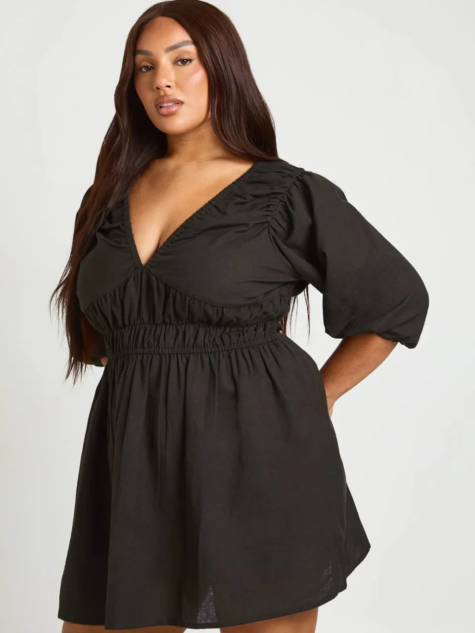 boohoo Dames Plus Linnen-look Jurk Met Pofmouwen En Gerimpelde Taille zwart, foto 3