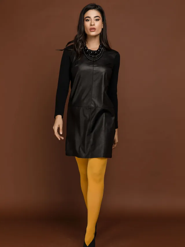 Conquista Zwarte jurk met kunstlederen detail van Si Fashion