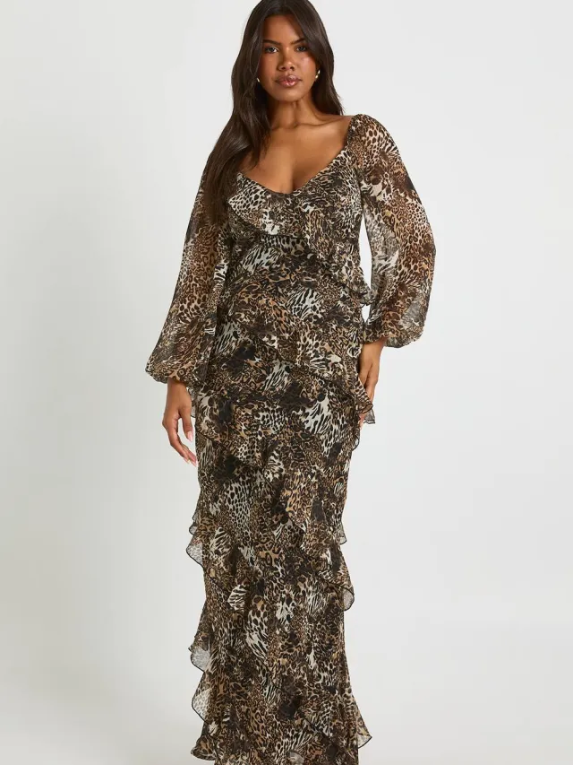 boohoo Dames Luipaard Chiffon Ruche Maxi-jurk Bruin