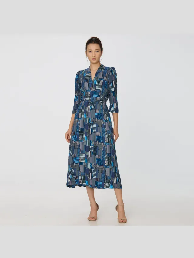 S&J Weekends Grafische print V-hals midi-wikkeljurk Blauw