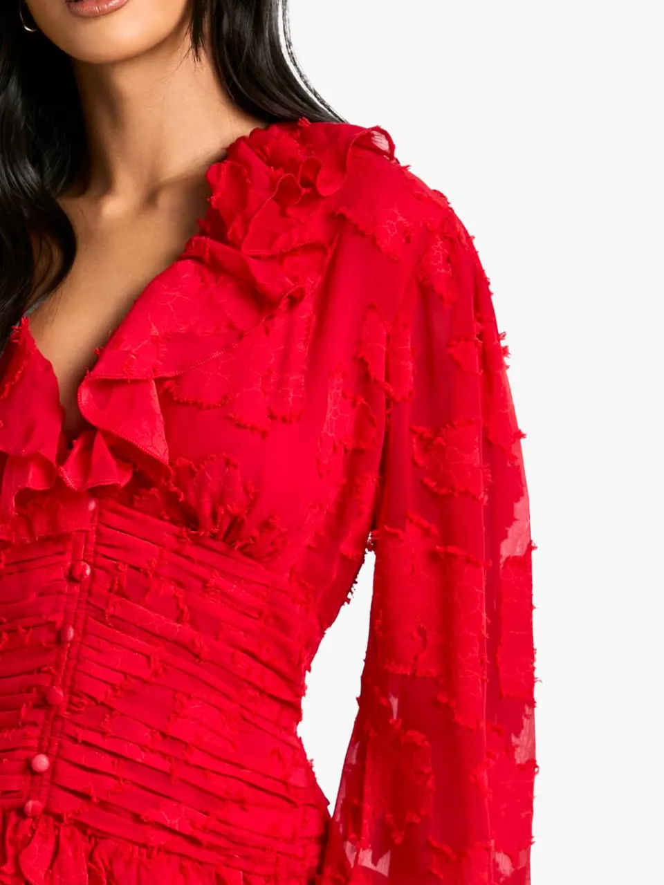 boohoo Dames Petite Floral Burnout Ruffle Plunge Ruched Skaterjurk rood, foto 3