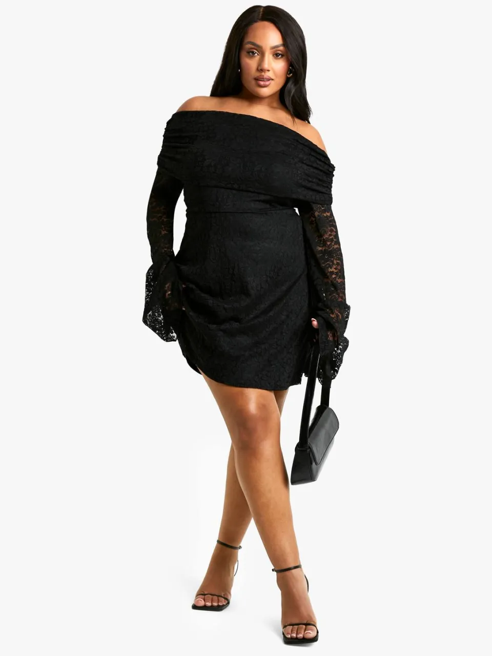 boohoo Dames Plus Kant Off-Shoulder Uitlopende Skaterjurk zwart, foto 2