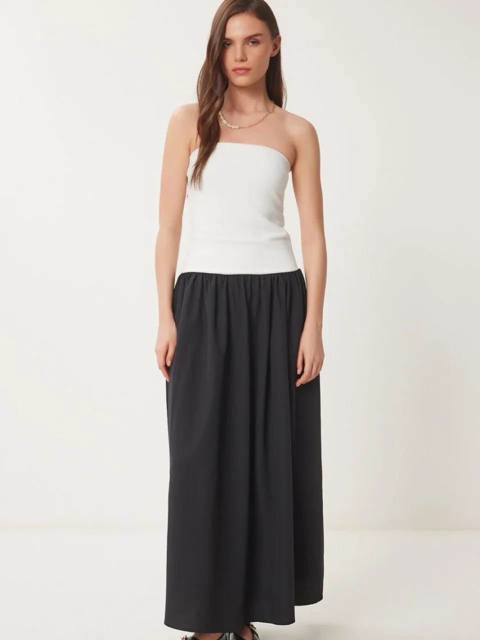 Happiness Istanbul Kleurgeblokte Strapless Maxi-jurk wit, foto 2