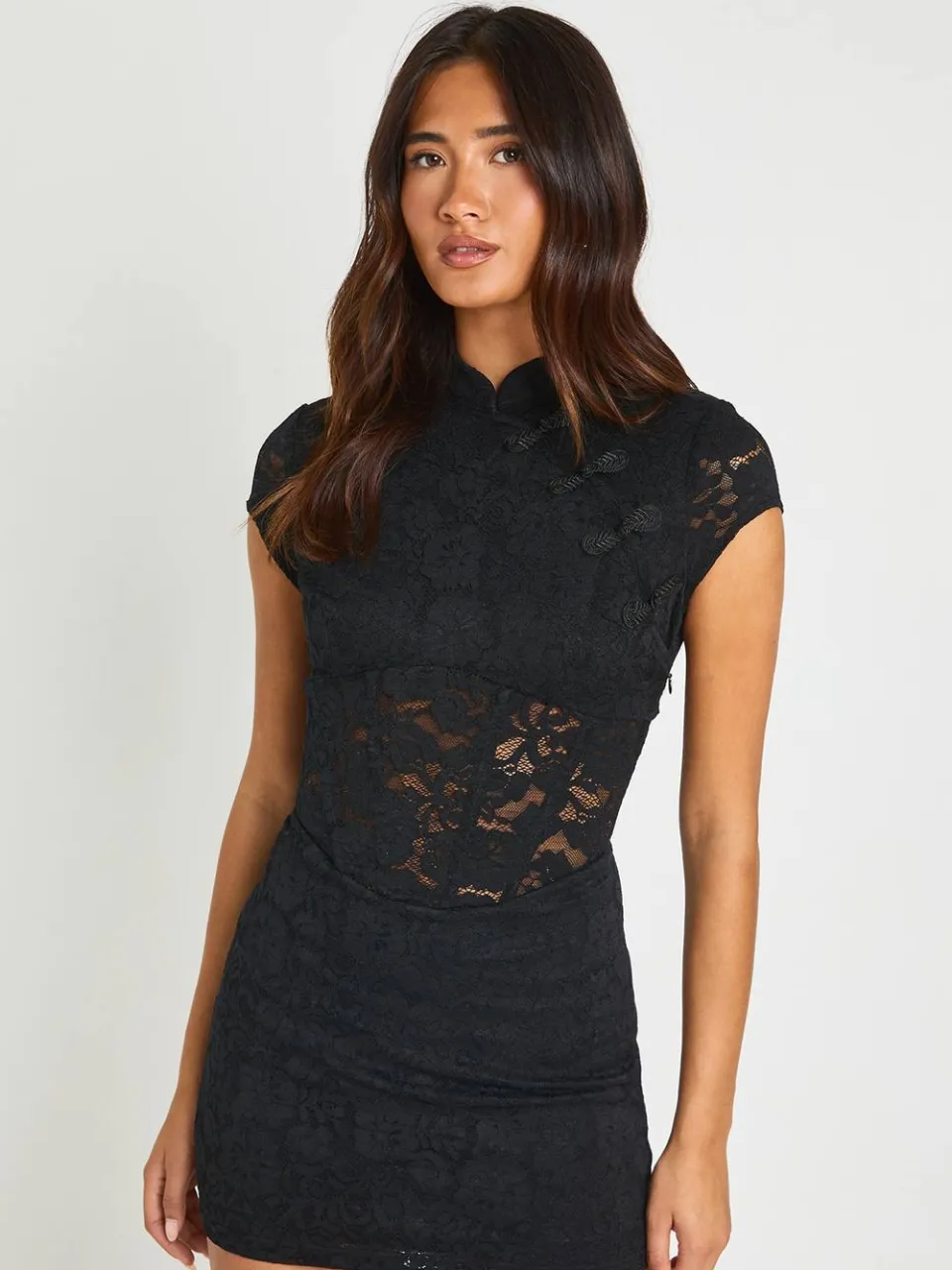 boohoo Dames Kanten Mini-jurk Met Hoge Hals En Corsetdetail zwart, foto 3