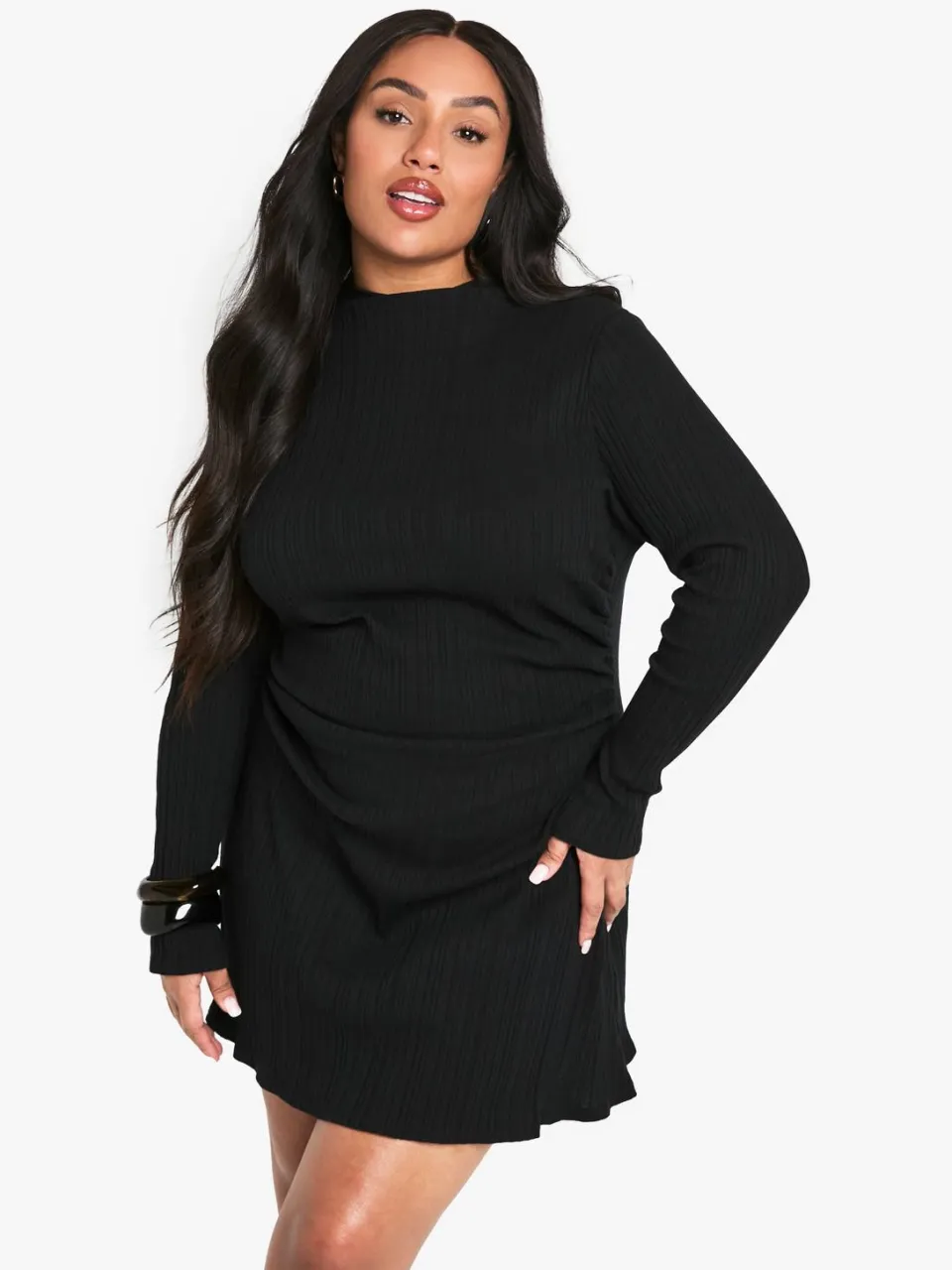 boohoo Dames PLUS LANGEMOUWIGE GERUCHEDE ZijKANT HOGE HALS SHIFT JURK zwart, foto 3