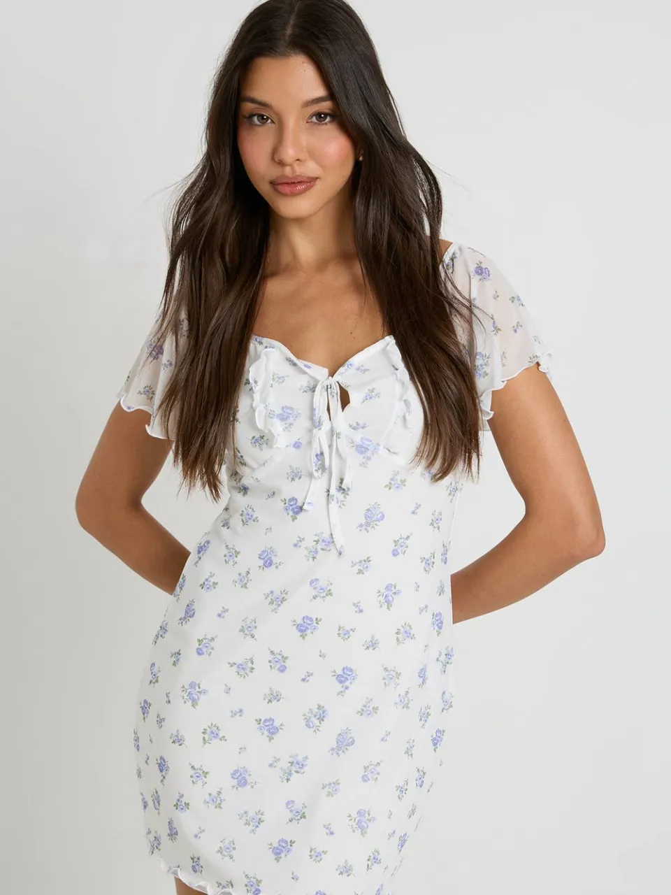 boohoo Dames Ditsy Bloemenprint Mesh Engelenmouw Strikdetail Mini Jurk ivoor, foto 3