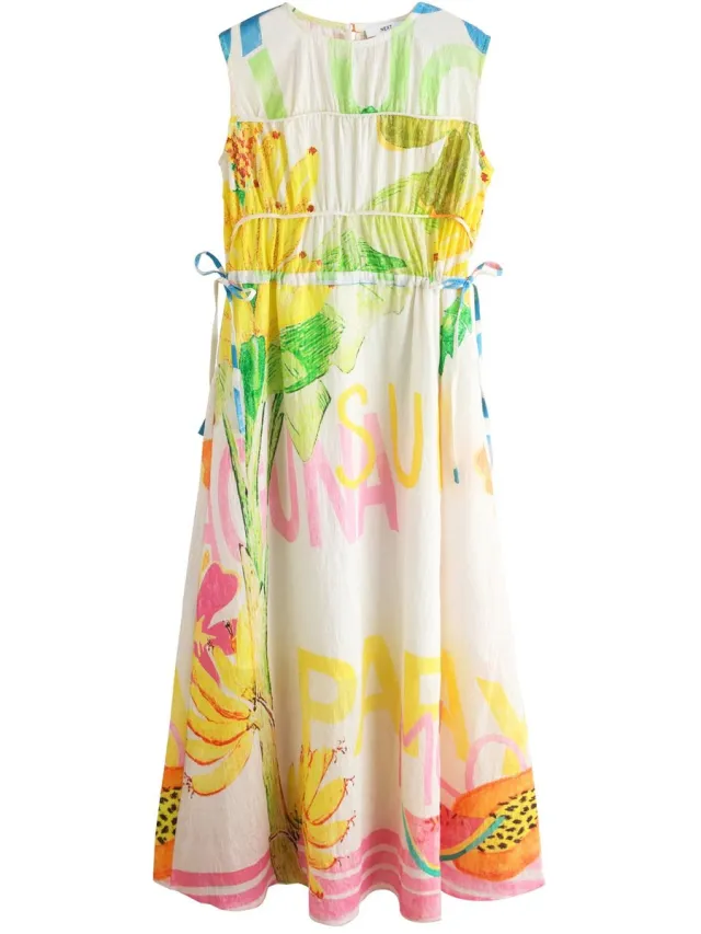 Next Dames - Zomerjurk met strik aan de zijkant, petite - Petite - Wit Multi Print