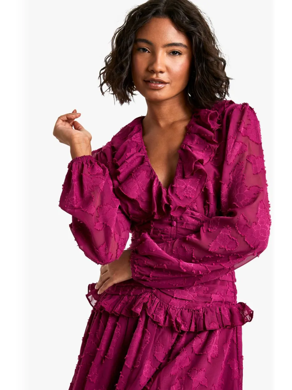 boohoo Dames Lange Bloemen Burnout Ruffle Plunge Gerimpelde Skater Jurk pruim, foto 4