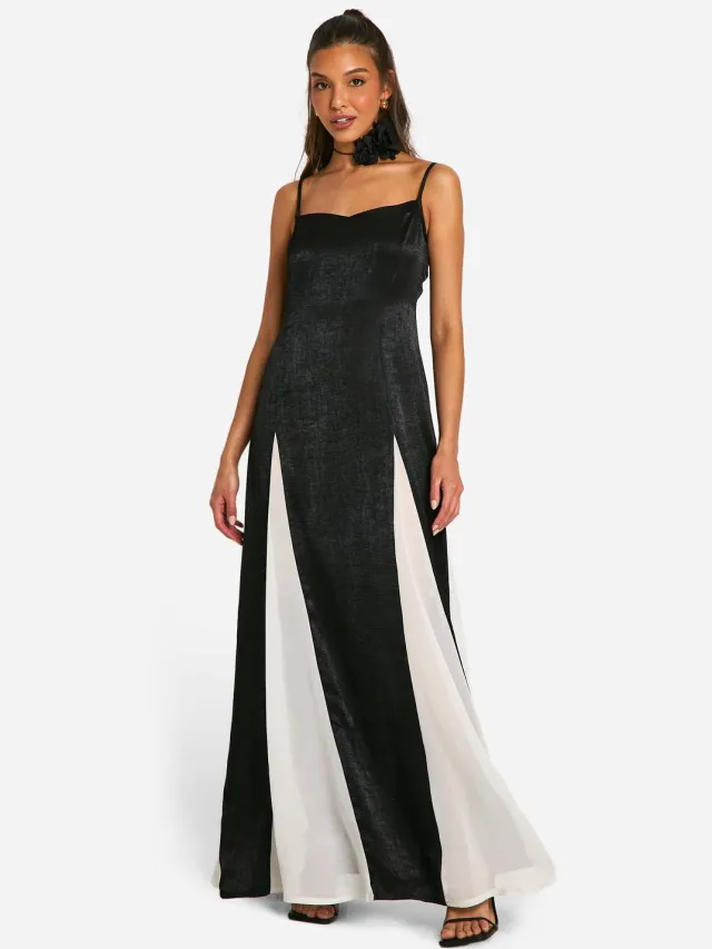 boohoo Dames Satijn Contrast Godet Maxi Jurk Zwart