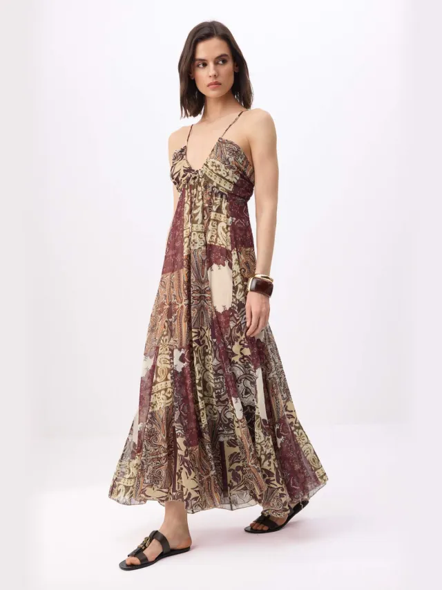 Turkishsouq Mouwloze maxi-jurk voor dames met bruin sjaalpatroon Veelkleurig