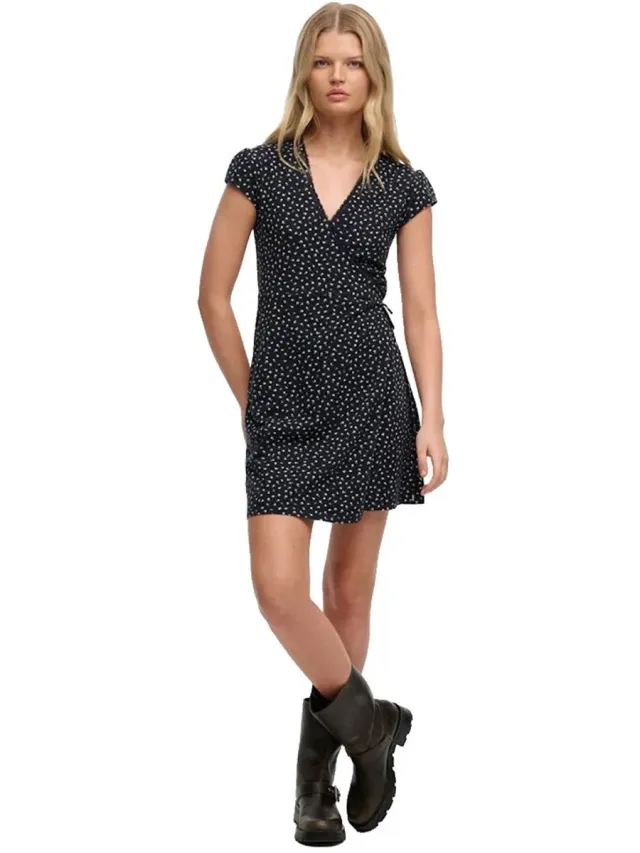 Superdry Athletic Essential Wrap Korte Mouw Jurk Zwart M Vrouw Navy Petal DP