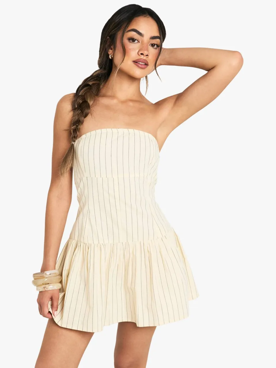 boohoo Dames Stripe Linen Look Button Down Peplum Mini Jurk ecru, foto 4