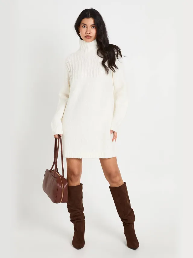 boohoo Dames Oversized Gebreide Mini-trui-jurk Met Hoge Col Crème
