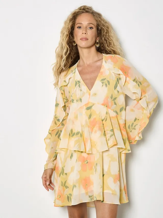 Apricot Mini-jurk van chiffon met bloemenprint en ruches Geel