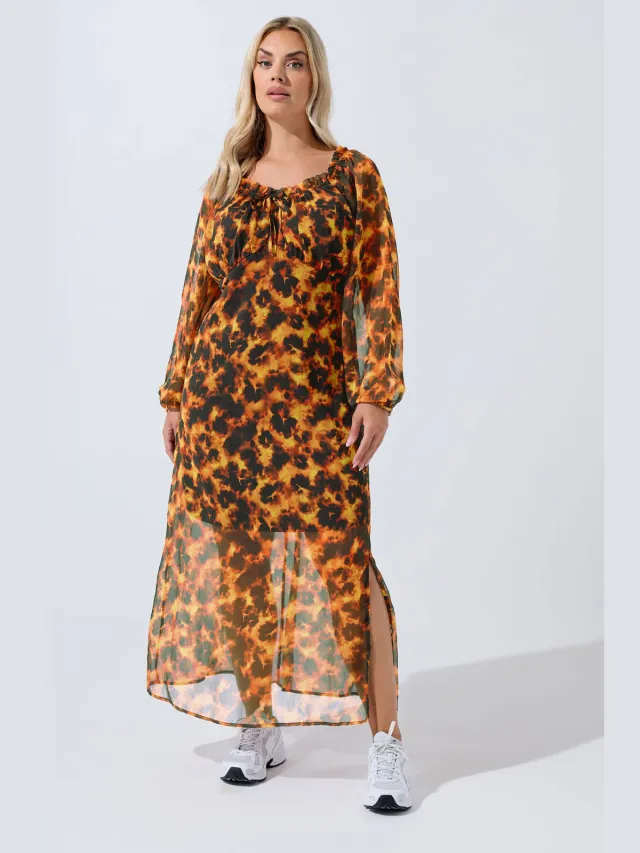 Limited Collection Bruine Tortoiseshell Ruffle Maxijurk Brown