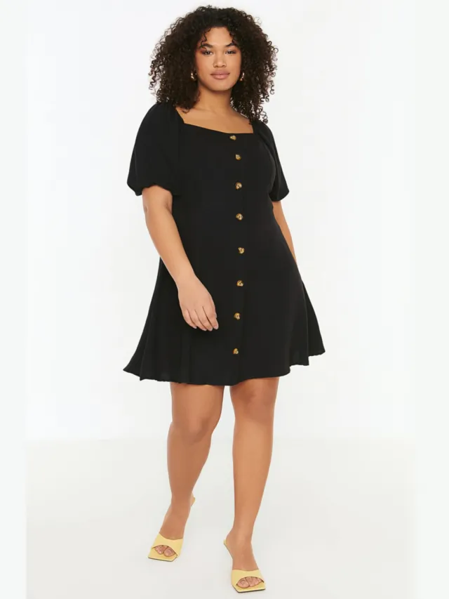 Trendyol Curve Dames Zwart Effen Kort / Mini Kort Casual A-lijn Grote maten Jurk