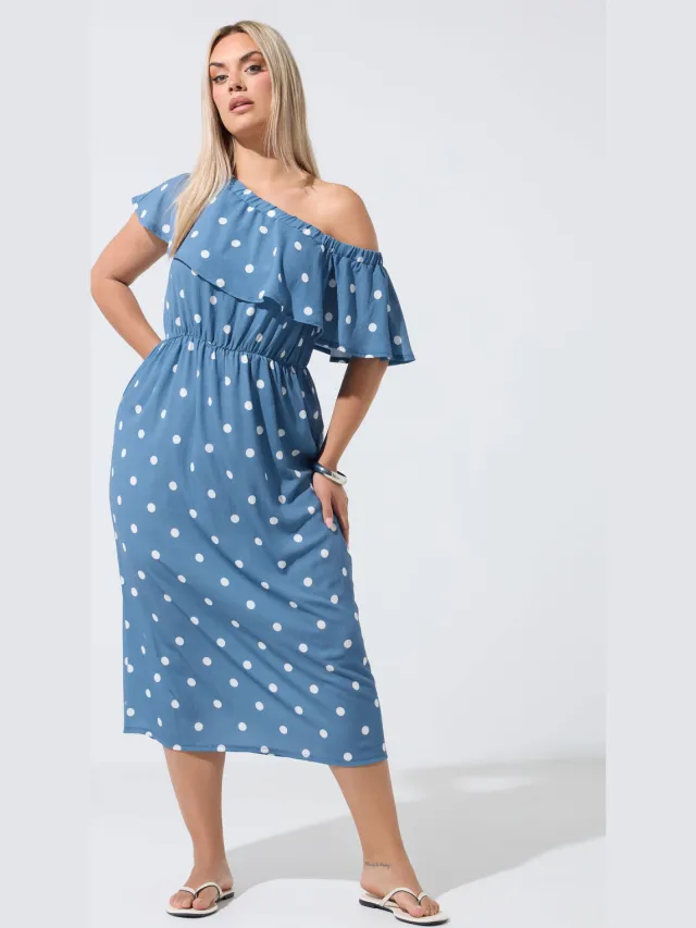 Limited Collection Blauwe Jurk Met Ruches En Stippen-56 Blue