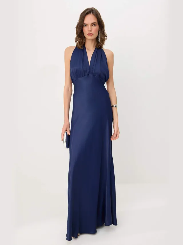 Trendyol TRENDYOLMİLLA Dames Donkerblauw Effen Maxi Mouwloos Skater Avond & Gala Jurk Marineblauw/Blauw