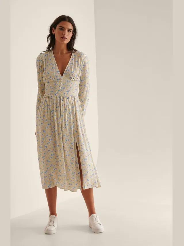 NA-KD Maat 34 Dames midi-jurk met zijsplit - EU beige