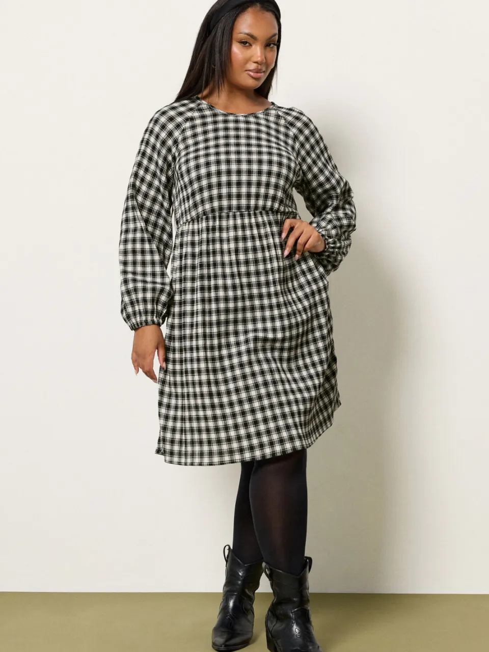 Yours Zwarte Geruite Textuur Smock Jurk, foto 4