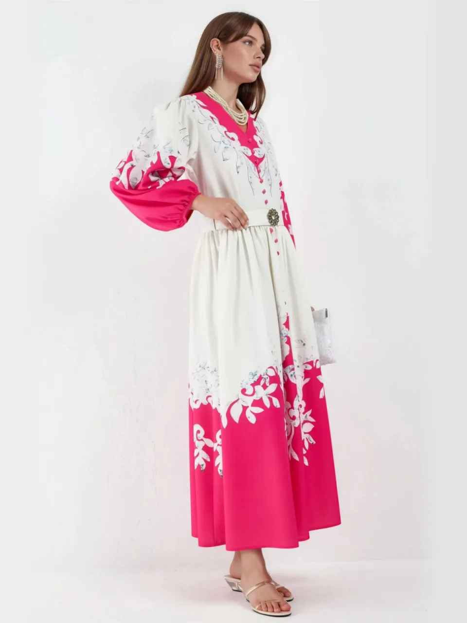 MSN Collection Bloemen Maxi Jurk met V-hals en Knoopdetails wit, foto 2