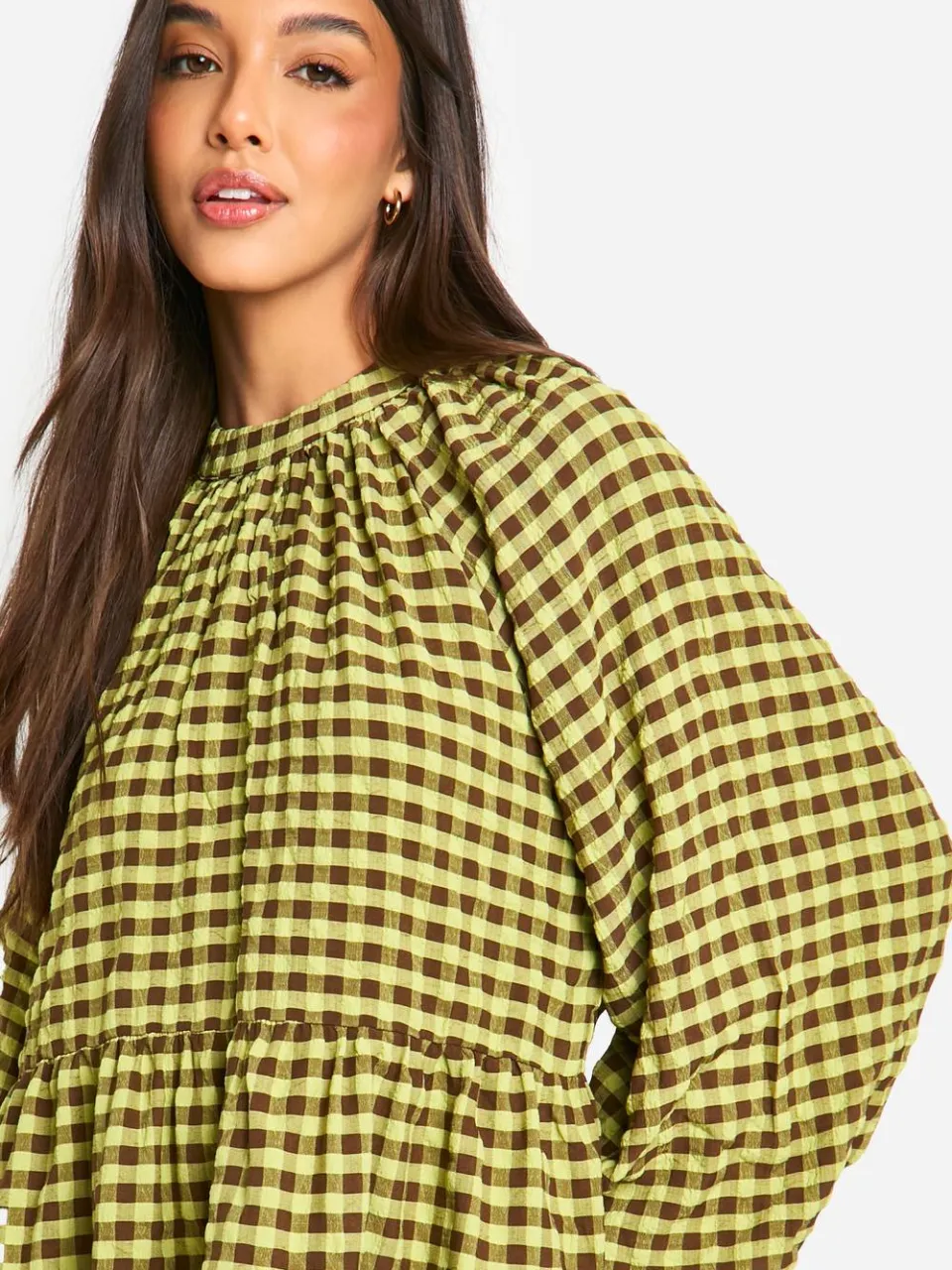 boohoo Dames Textured Check Smock Dress groente, foto 3