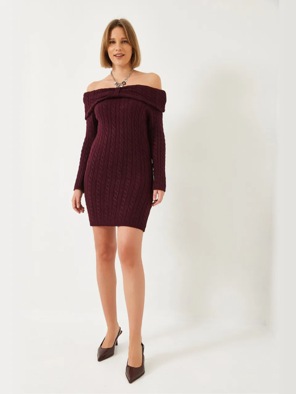 Bianco Lucci Strapless Kabelbrei Aansluitend Jurk bordeauxrood, foto 2