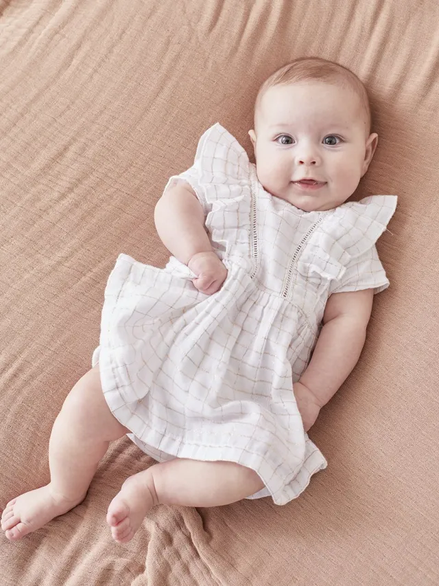 Noukie's Geruite jurk + bloomer - Wit met lurex - 9 maand / 74
