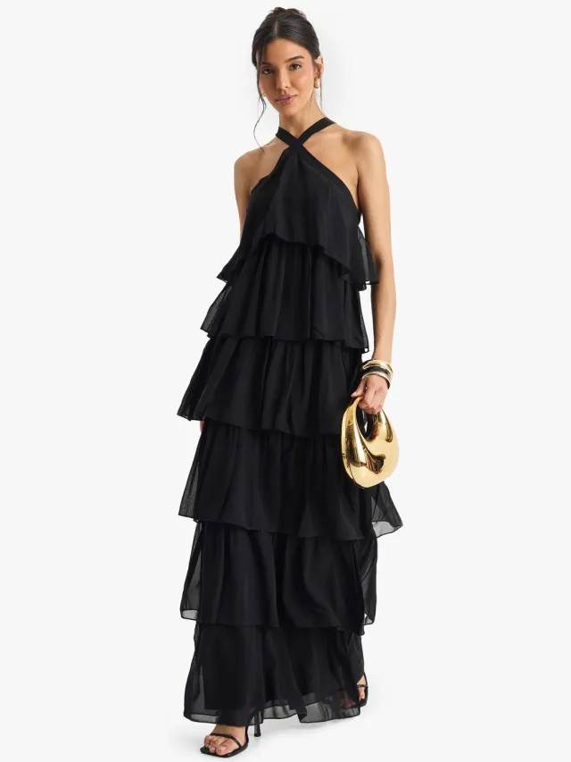 boohoo Dames Chiffon Gelaagde Halternek Maxi-Jurk Zwart