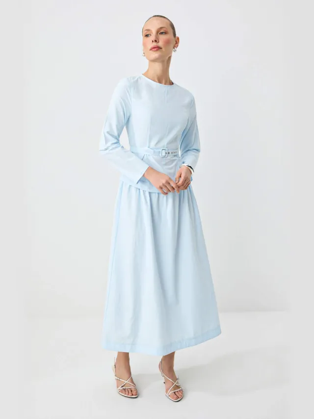 Trendyol Modest Dames Blauw Effen Maxi Lang Casual Skater Modest Jurken