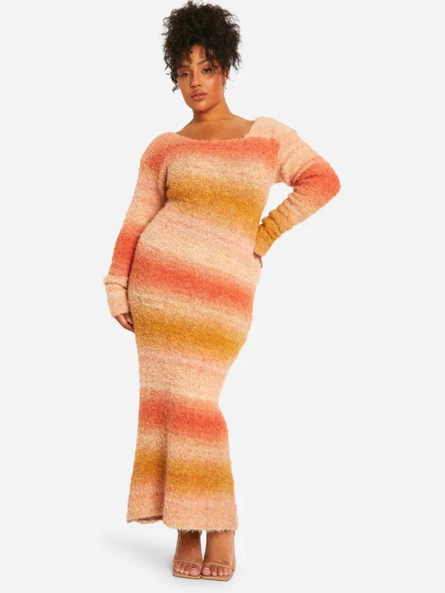 boohoo Dames Plus Ombre Fluffy Knit Midaxi Jurk Perzik