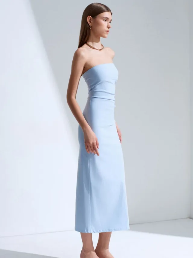 Dilvin Strapless Bodycon Midi-jurk met Split Lichtblauw