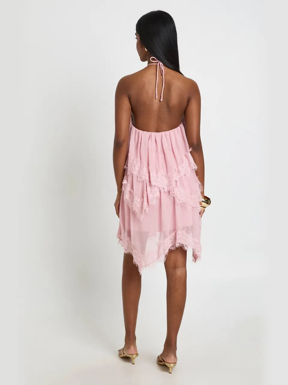 boohoo Dames Gekreukte Chiffon & Kant Gelaagde Mini Jurk stoffig roze, foto 2