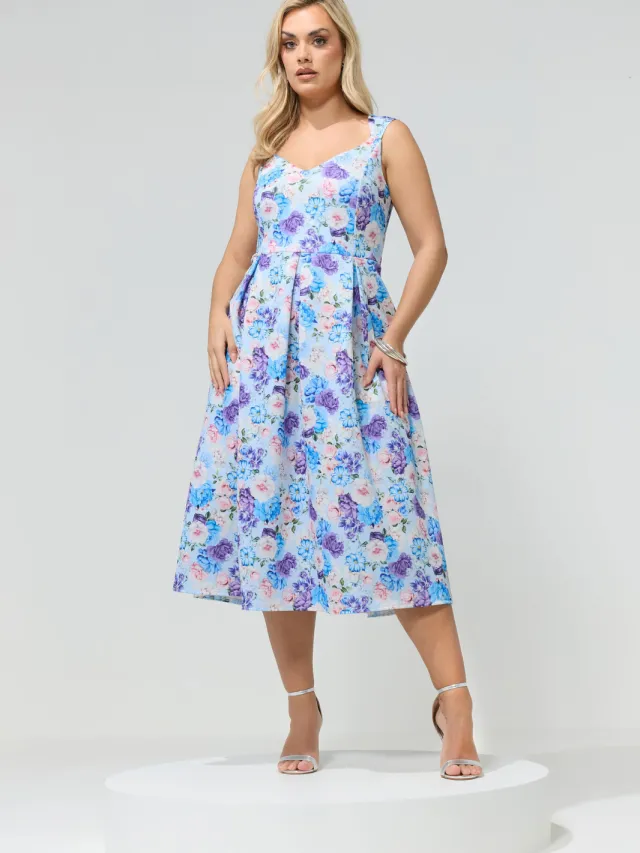 Yours London Blauwe En Paarse Skaterjurk Met Bloemenprint Blue
