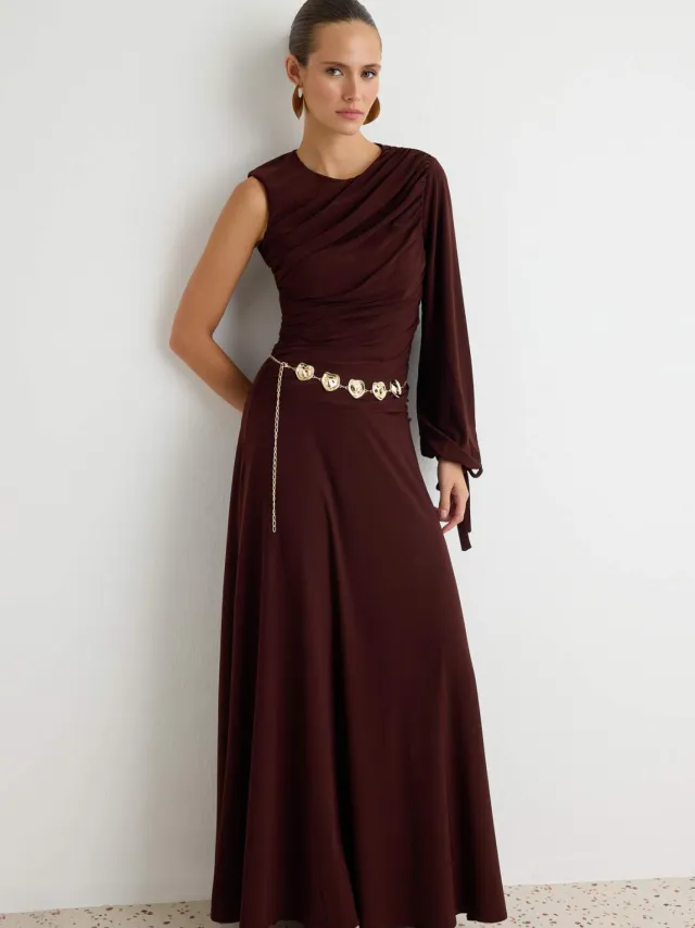 Trendyol TRENDYOLMİLLA Dames Bruin Effen Maxi Mouwloos Diploma-uitreiking / Gala A-lijn Avond & Gala Jurk