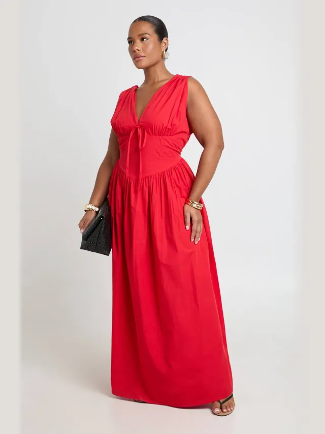 boohoo Dames Plus Katoenen Poplin Maxi Jurk Met Diepe V-hals En Getailleerd Middel Detail rood, foto 2