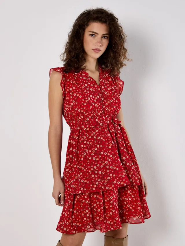 Apricot Mini-jurk van chiffon met kleine bloemenprint Rood