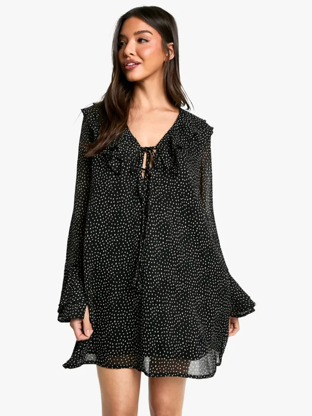 boohoo Dames Polkadot Ruffle Shift Mini-jurk Zwart
