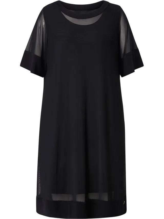 Ulla Popken Dames - Slinky jurk mesh-overjurk ronde hals 3/4-mouwen - Zwart - Maat 42+