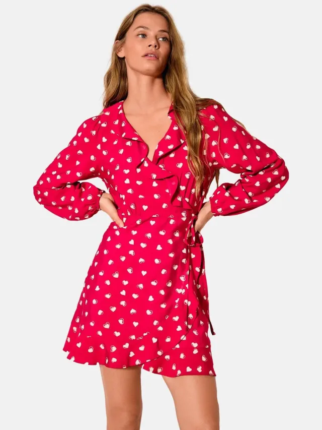 Next Dames - Mini-wikkeljurk met lange mouwen - Rood Red Heart Print