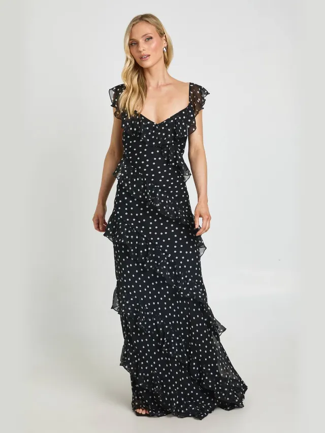 boohoo Dames Petite Chiffon Ruches Polkadot Bandjes Maxi Jurk Zwart