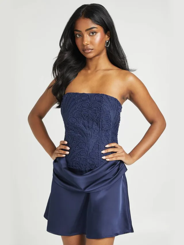 boohoo Dames Getextureerde doorschijnende bloemrijke kanten corset gedrapeerde mini-jurk Marineblauw
