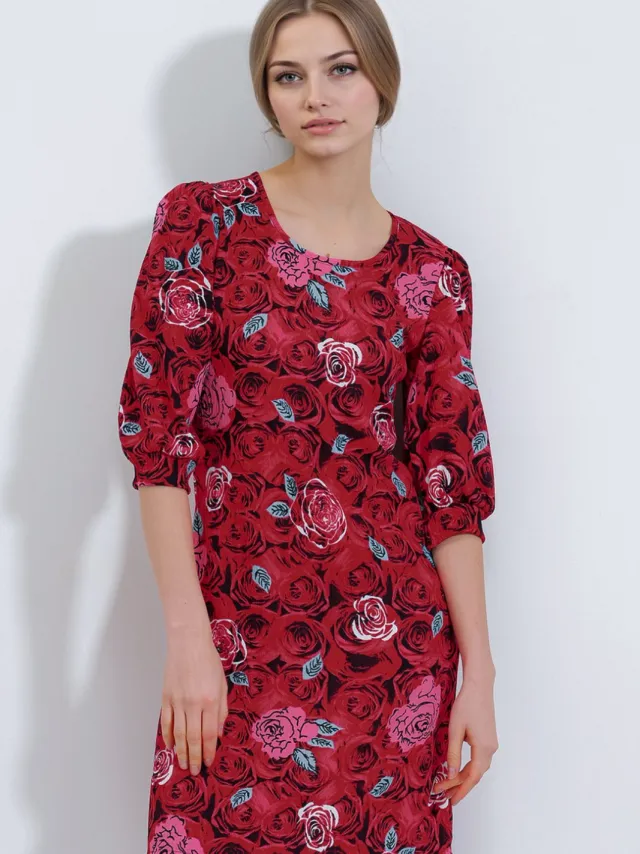 Big Dart Geborduurde Bloemen Midi-jurk met Driekwart Mouwen Bordeauxrood