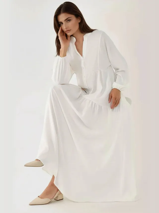 Hiccup Gestructureerde V-hals Maxi-jurk met knoopdetails Wit