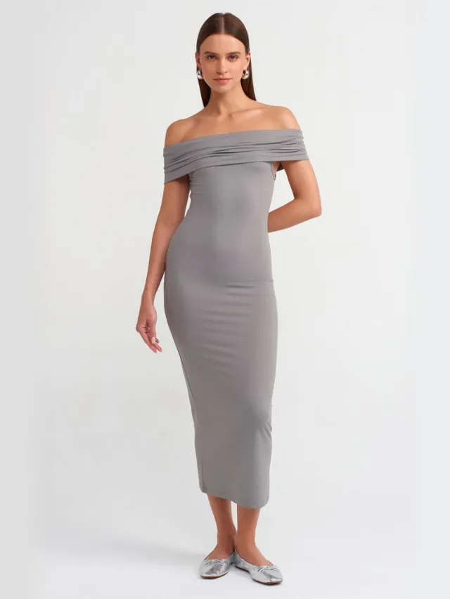 Dilvin Off-Shoulder Bodycon Midi-jurk Donkergrijs