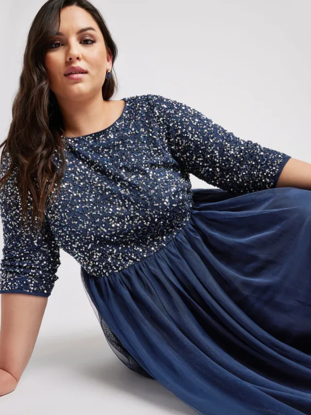 Luxe: Ultimate Embellishment Luxe Maxijurk Met Lovertjes In Donkerblauwsize 46 Blue