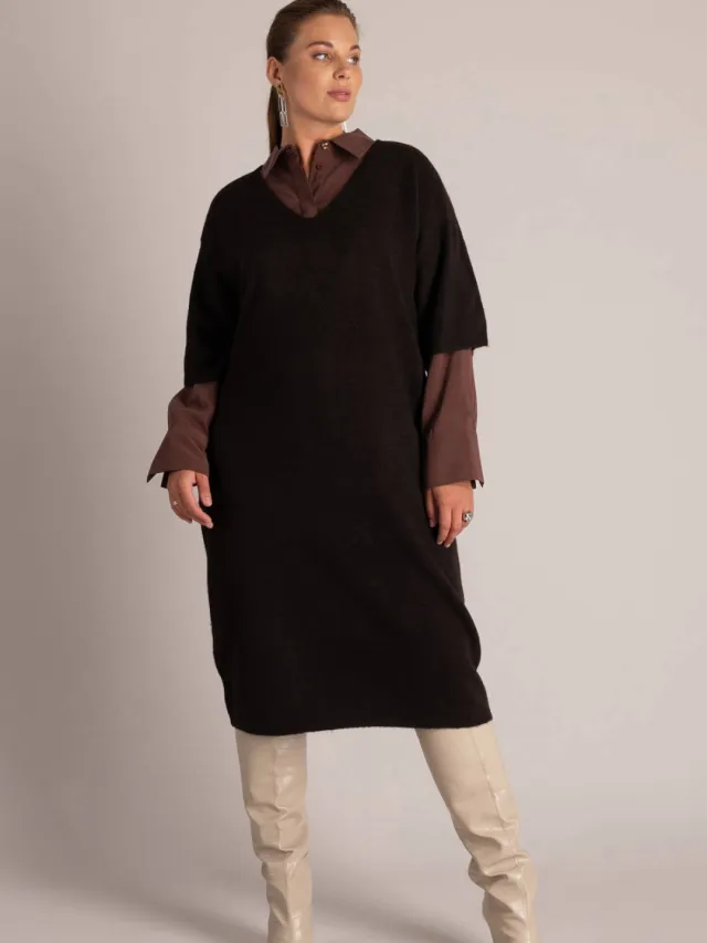 Yest Curve Plus Size gebreide midi jurk met wol - donkerbruin