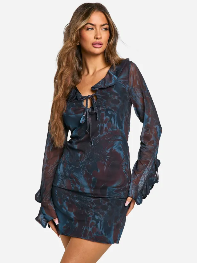 boohoo Dames Ruffle Printed Mesh Mini Dress Blauw