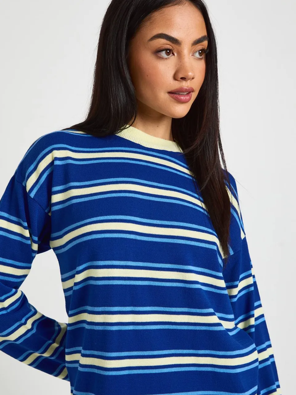 boohoo Dames Gestreepte Lange Mouw Gebreide Mini Jurk marineblauw, foto 4