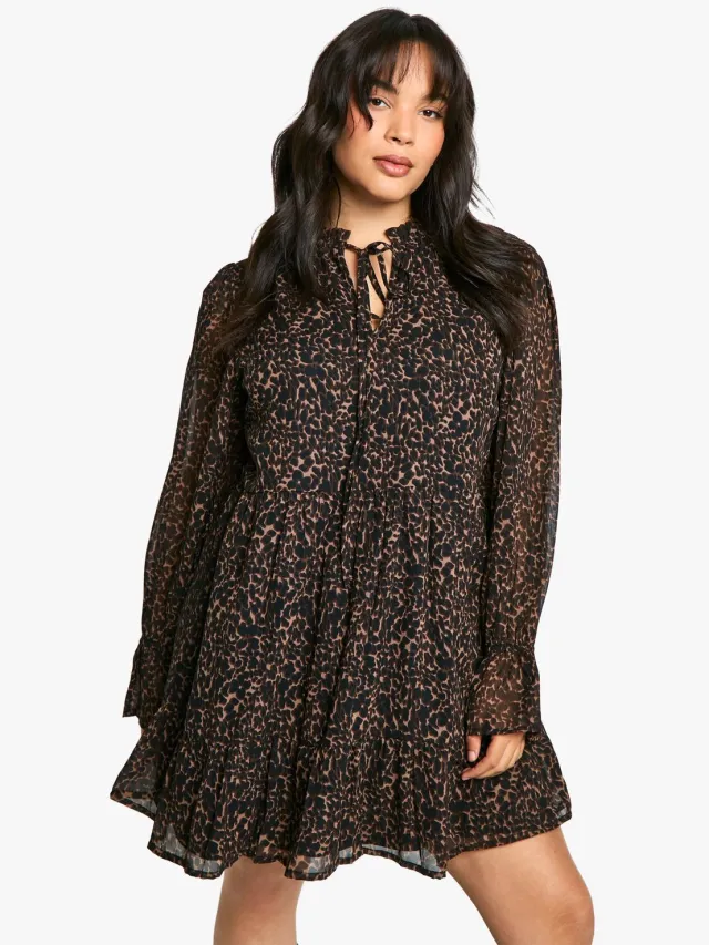 boohoo Dames Plus Animal Print Chiffon Smock-jurk luipaardprint, foto 3